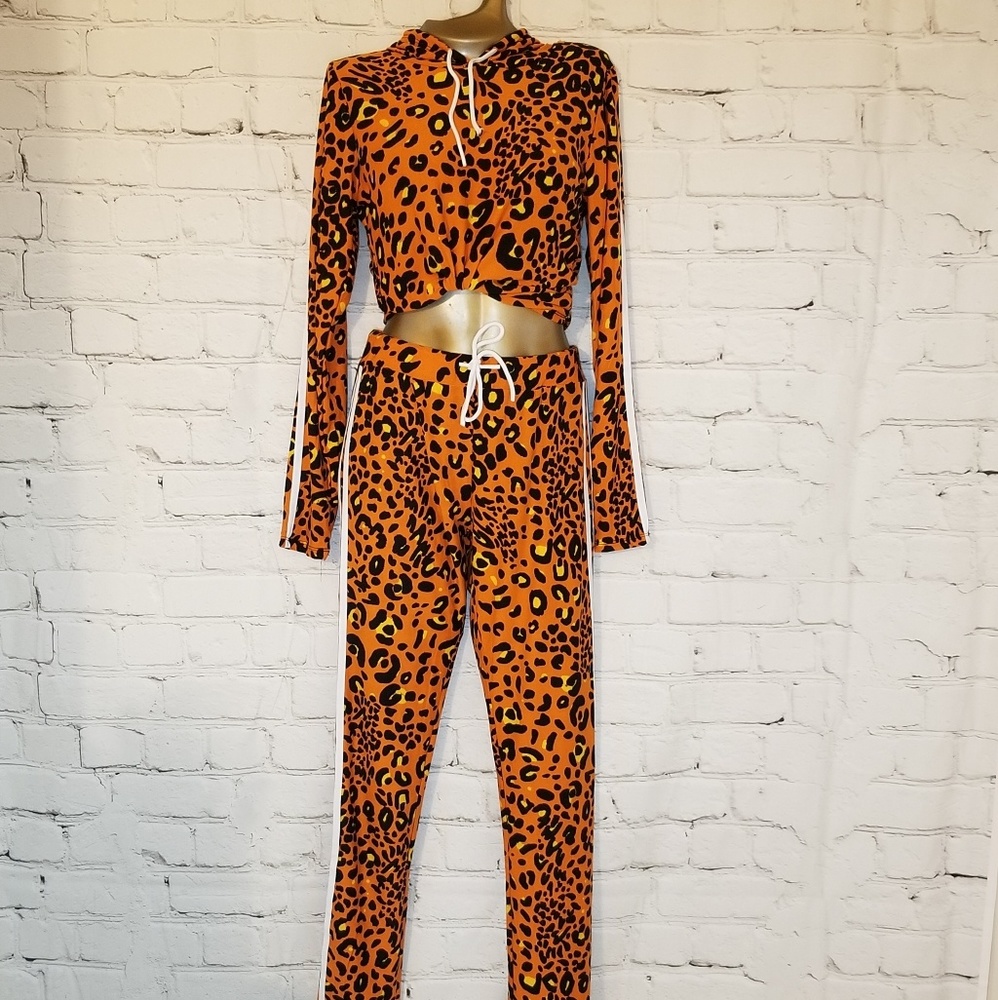 NWT Women's Leopard Print Long Sleeve crop top 2 piece set medium